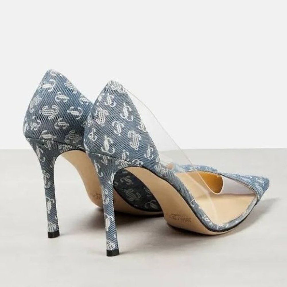 Jimmy Choo NEW Cass 95 Denim PVC Monogram Pumps, Size 7 (EU 37)